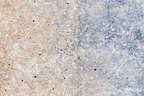 Zoom detail of Pale Confluence panoramic abstract artwork with soft peach and shell-pink plaster-like texture at left dissolving into a powder-blue, dove-grey and chalk-white field