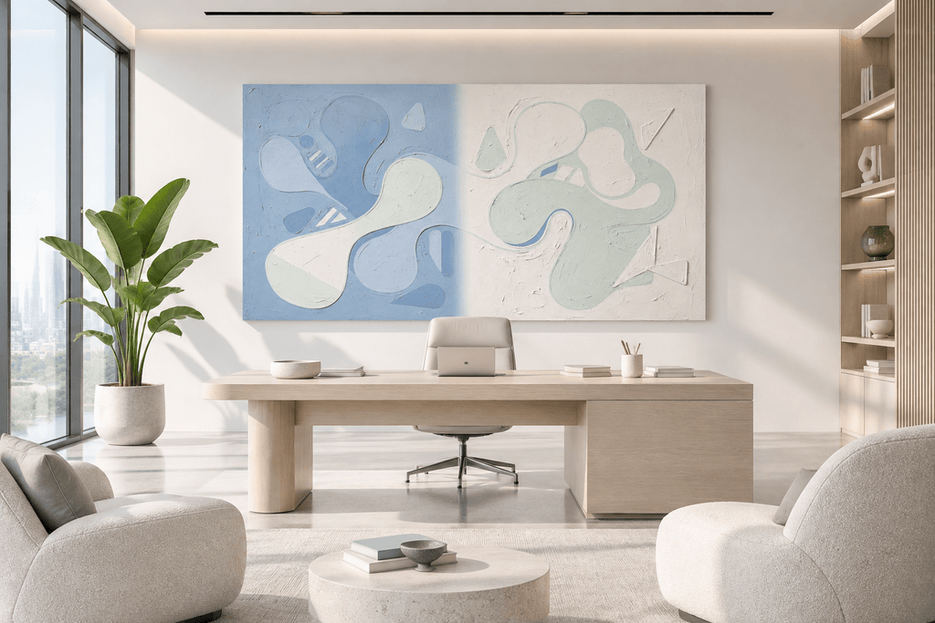 Pale Drift organic abstract artwork with powder blue, soft mint and ivory biomorphic forms in an executive office