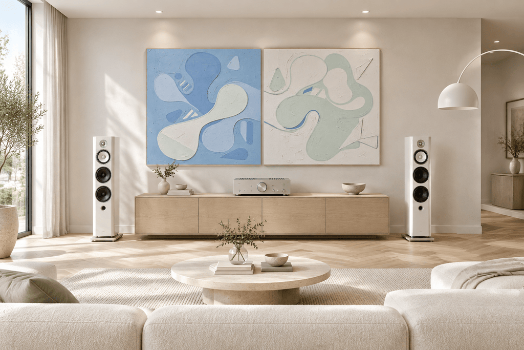 Pale Drift organic abstract artwork with powder blue, soft mint and ivory biomorphic forms in a high-end hifi living room
