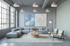 Pale Drift powder blue and mint organic artwork in a modern industrial loft