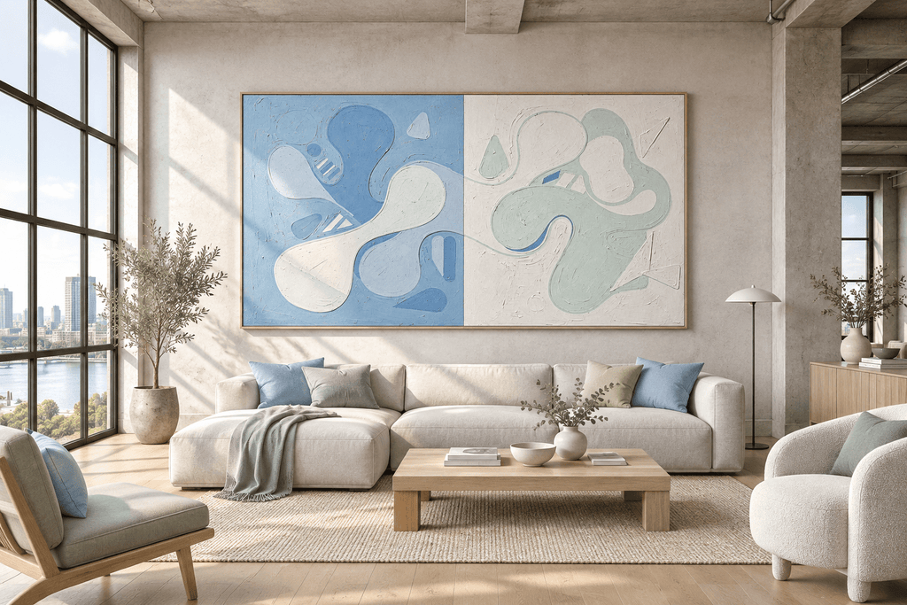 Pale Drift organic abstract artwork with powder blue, soft mint and ivory biomorphic forms in a modern loft
