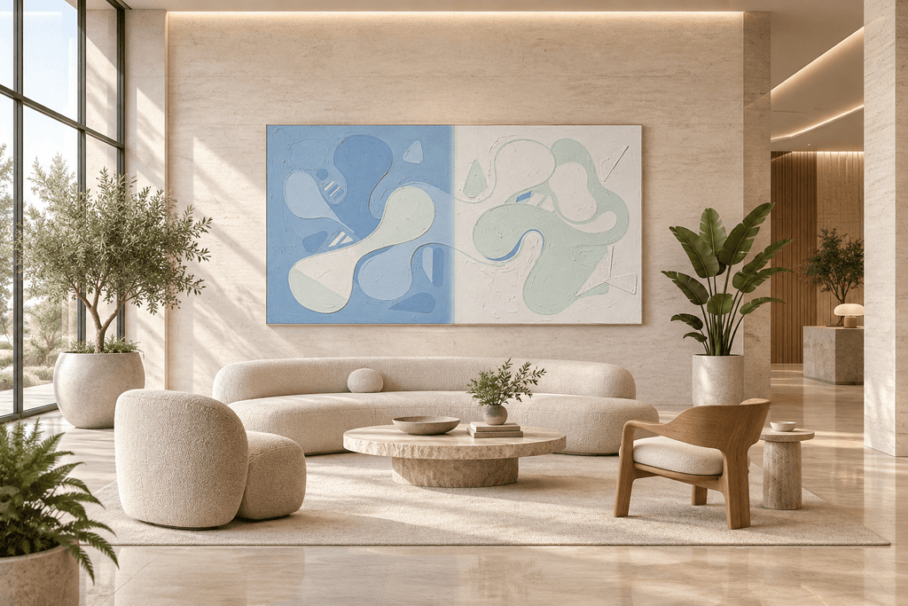 Pale Drift organic abstract artwork with powder blue, soft mint and ivory biomorphic forms in a modern hotel lobby