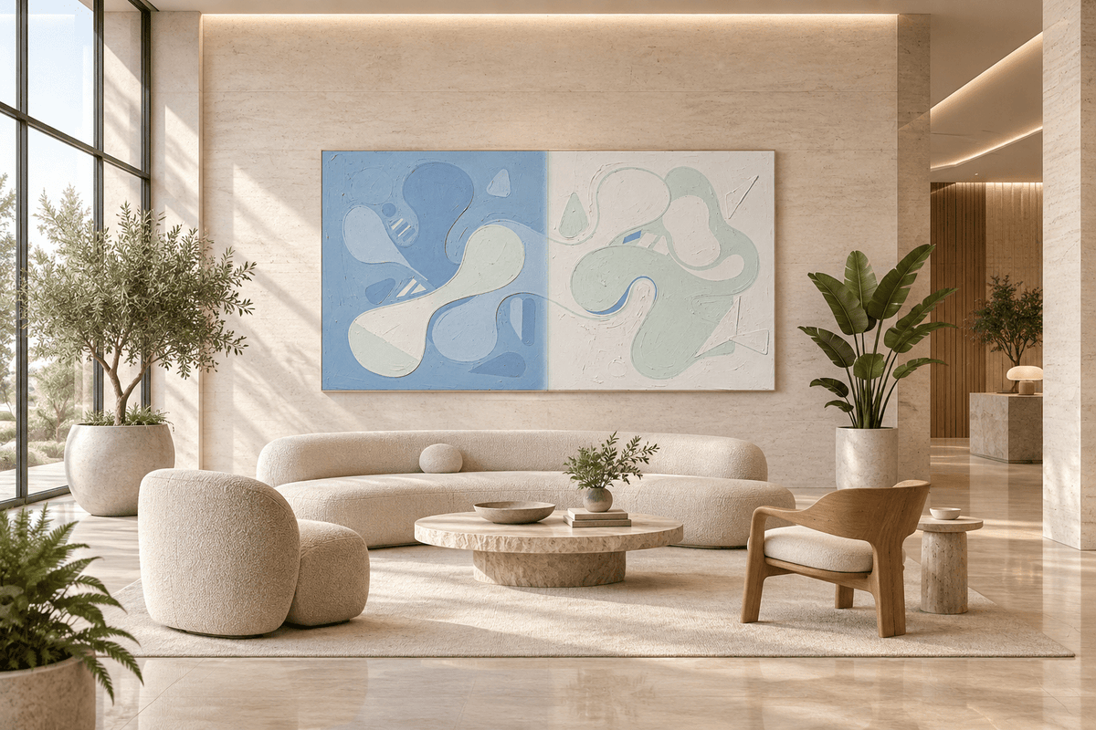 Pale Drift organic abstract artwork with powder blue, soft mint and ivory biomorphic forms in a modern hotel lobby