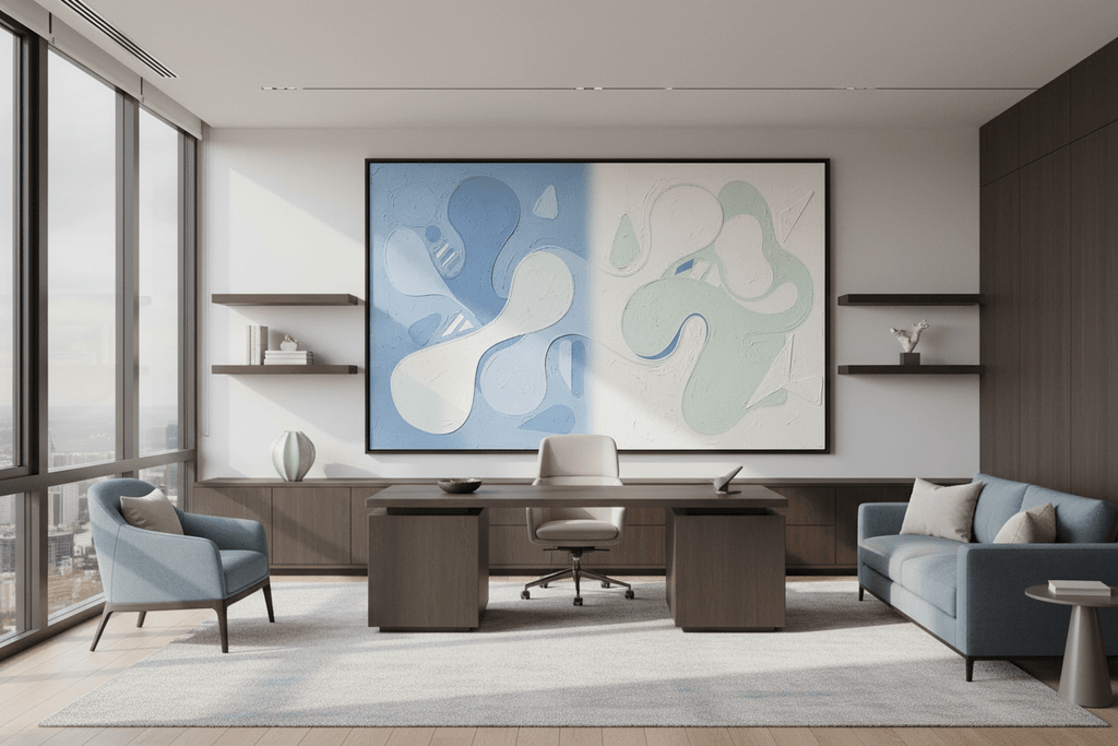Pale Drift powder blue and mint organic artwork in a modern executive office