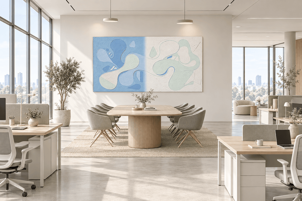 Pale Drift organic abstract artwork with powder blue, soft mint and ivory biomorphic forms in an open-plan office
