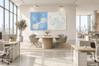 Pale Drift organic abstract artwork with powder blue, soft mint and ivory biomorphic forms in an open-plan office