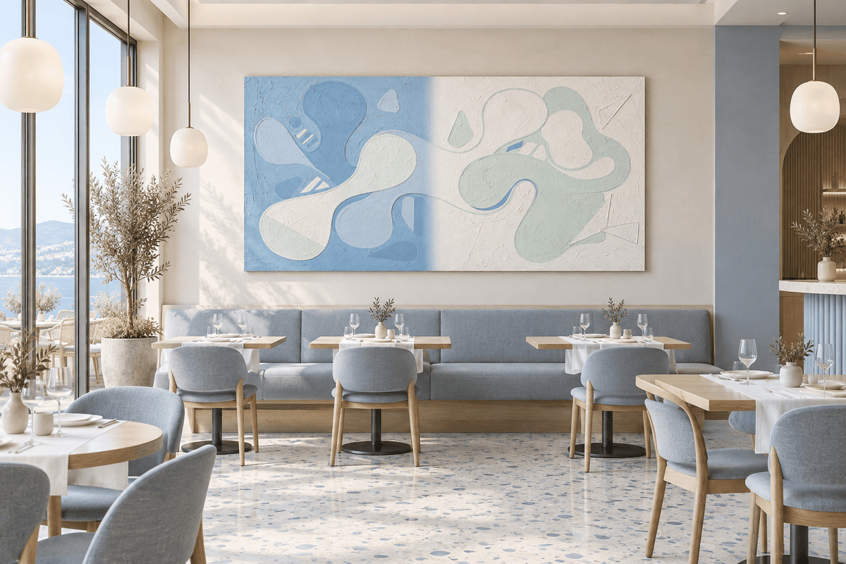 Pale Drift organic abstract artwork with powder blue, soft mint and ivory biomorphic forms in a modern restaurant