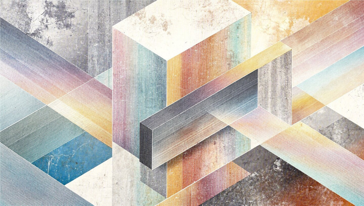 Pastel Labyrinth abstract geometric artwork with blush, powder blue, warm sand and concrete-grey bands