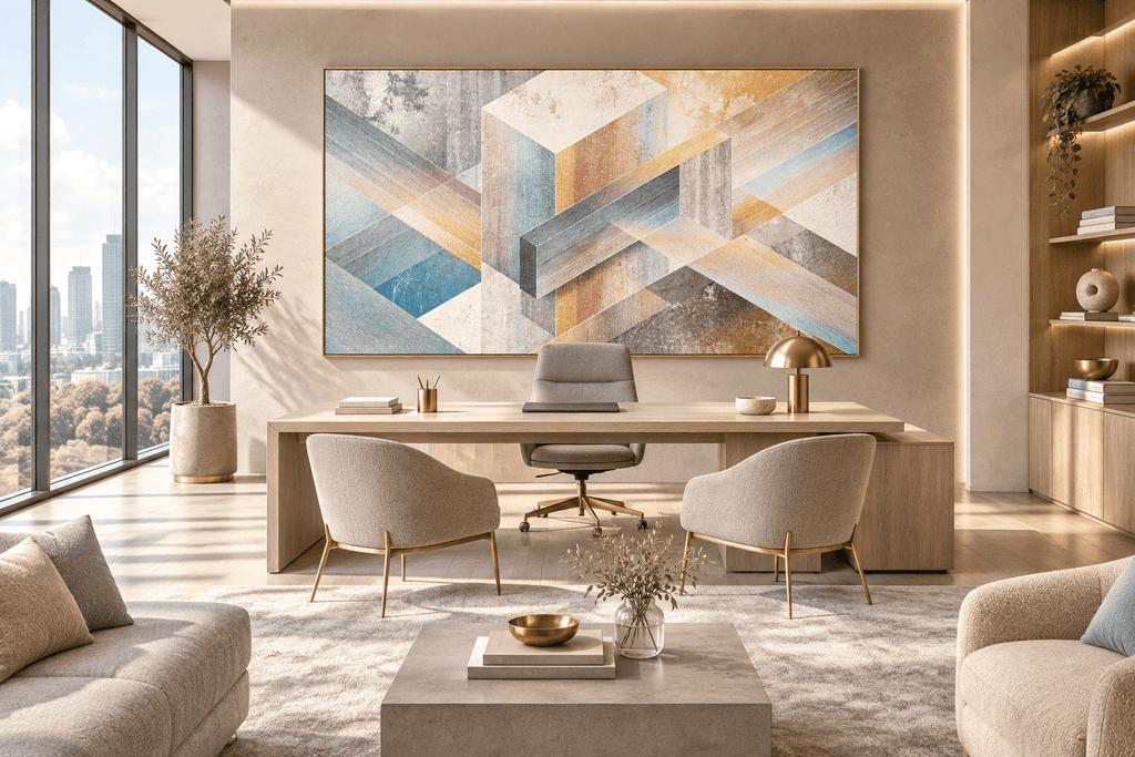 Pastel Labyrinth abstract geometric artwork with blush, powder blue, warm sand and concrete-grey bands in an executive office