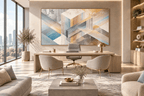 Pastel Labyrinth abstract geometric artwork with blush, powder blue, warm sand and concrete-grey bands in an executive office