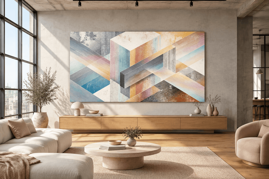 Pastel Labyrinth abstract geometric artwork with blush, powder blue, warm sand and concrete-grey bands in an industrial loft