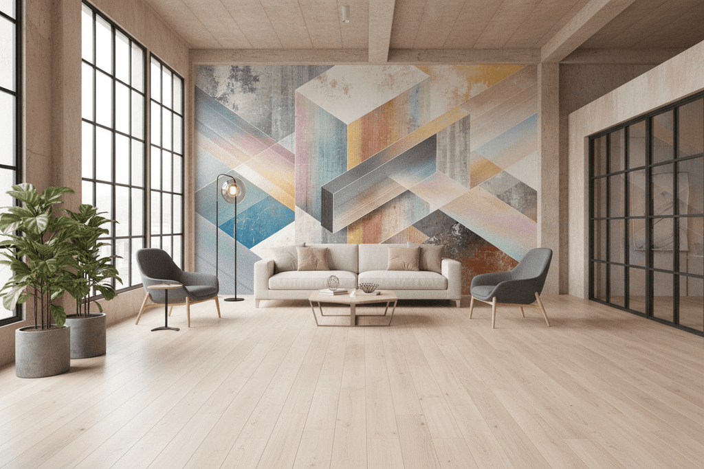 Pastel Labyrinth pastel geometric artwork with interlocking frames in a modern industrial loft