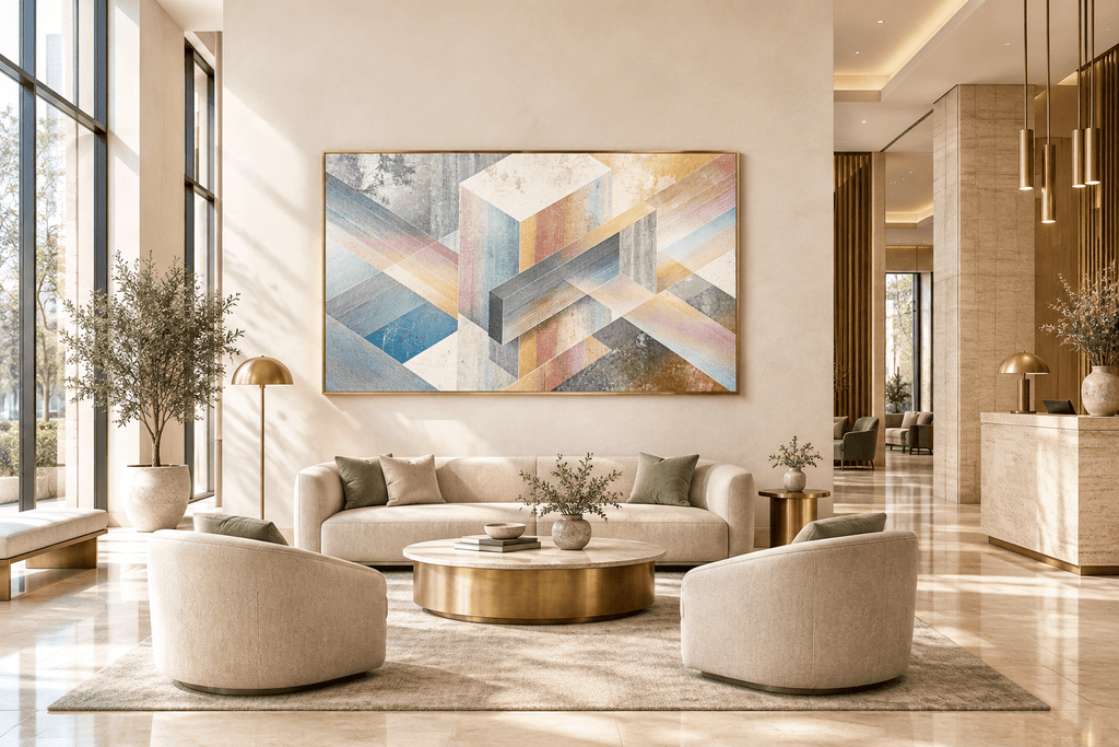 Pastel Labyrinth abstract geometric artwork with blush, powder blue, warm sand and concrete-grey bands in a modern hotel lobby