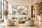 Pastel Labyrinth abstract geometric artwork with blush, powder blue, warm sand and concrete-grey bands in a modern hotel lobby