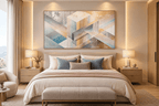 Pastel Labyrinth abstract geometric artwork with blush, powder blue, warm sand and concrete-grey bands in a modern hotel room
