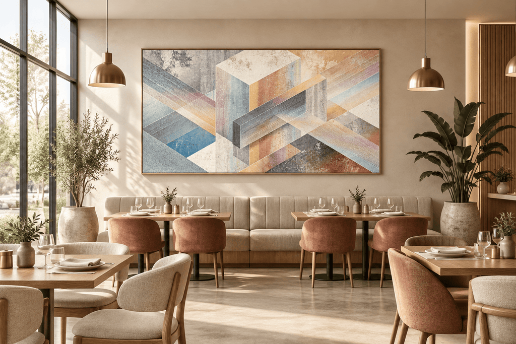 Pastel Labyrinth abstract geometric artwork with blush, powder blue, warm sand and concrete-grey bands in a modern restaurant