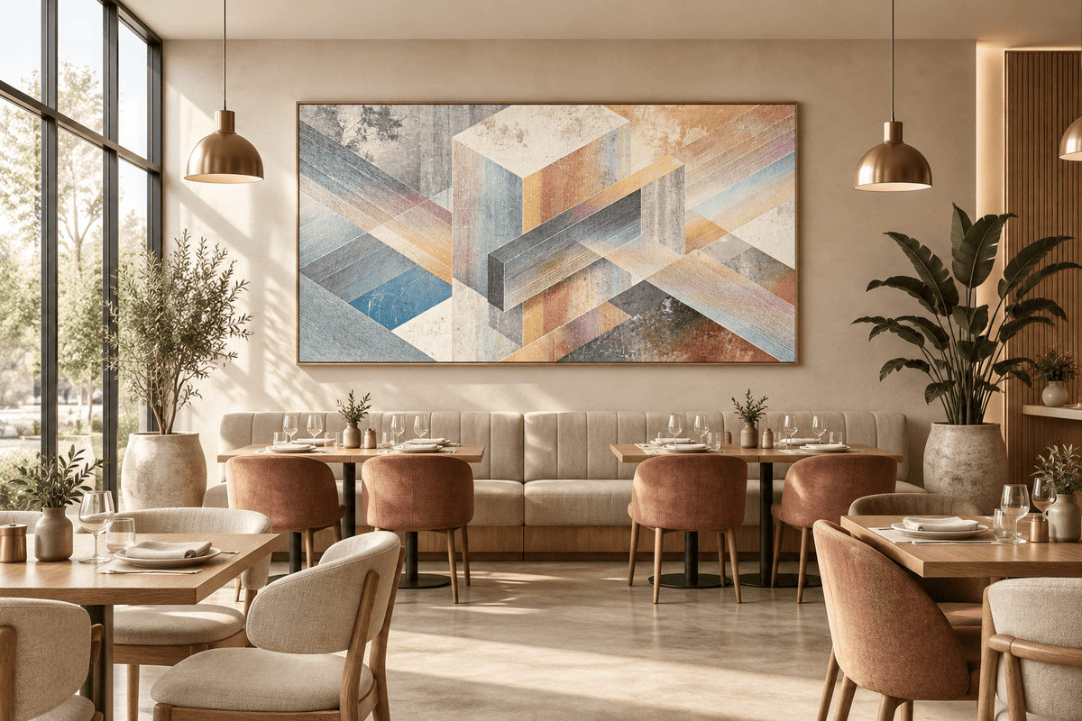 Pastel Labyrinth abstract geometric artwork with blush, powder blue, warm sand and concrete-grey bands in a modern restaurant