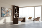 Pastel Labyrinth architectural geometric artwork with fine-line frames in a modern executive office