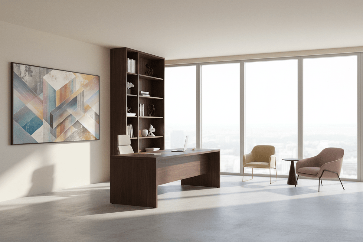 Pastel Labyrinth architectural geometric artwork with fine-line frames in a modern executive office
