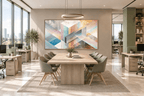 Pastel Labyrinth abstract geometric artwork with blush, powder blue, warm sand and concrete-grey bands in am open-plan office