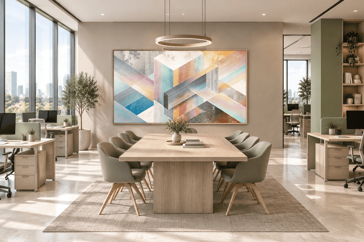 Pastel Labyrinth abstract geometric artwork with blush, powder blue, warm sand and concrete-grey bands in am open-plan office