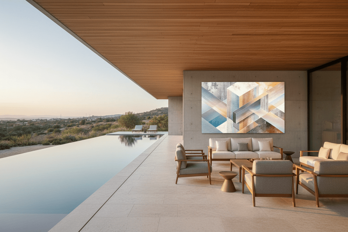Pastel Labyrinth pastel abstract geometric artwork in a pool lounge and outdoor living space