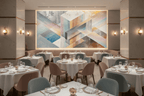 Pastel Labyrinth abstract geometric artwork with interlocking pastel bands in an upscale restaurant interior