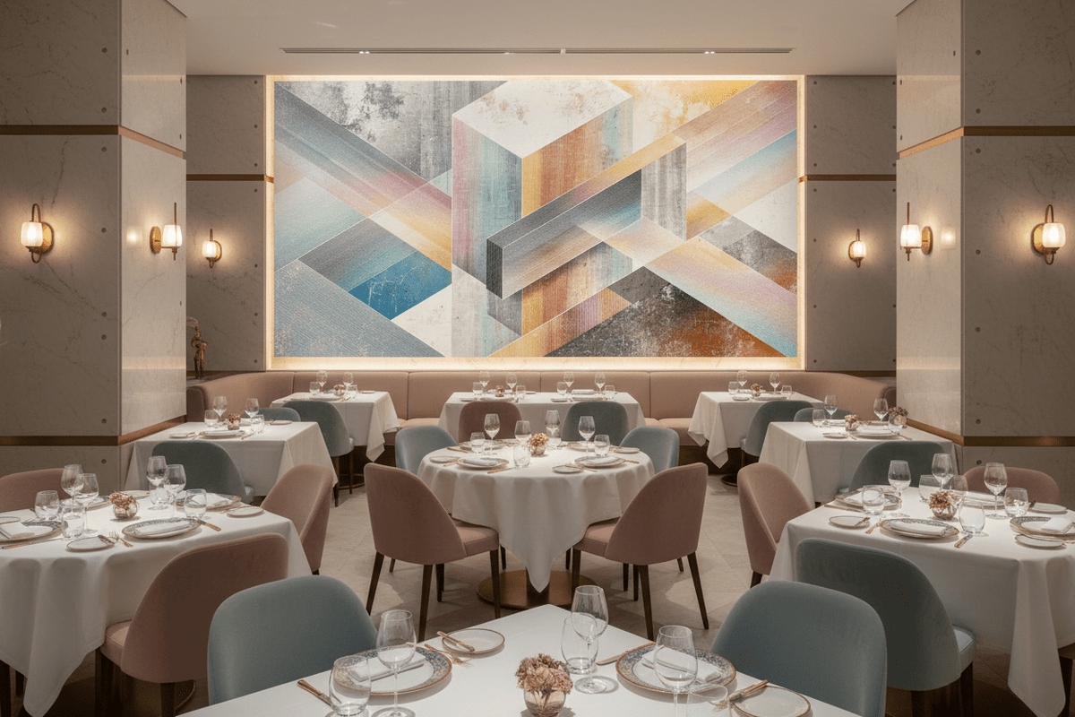 Pastel Labyrinth abstract geometric artwork with interlocking pastel bands in an upscale restaurant interior