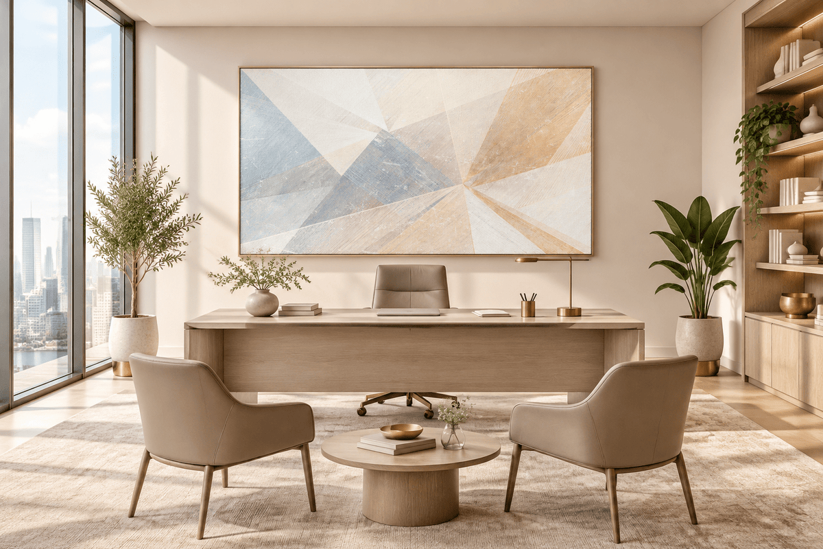Prism Silence abstract geometric artwork with cream, pale blue, mauve and warm-sand light wedges in an executive office