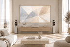 Prism Silence abstract geometric artwork with cream, pale blue, mauve and warm-sand light wedges in a high end hifi living room