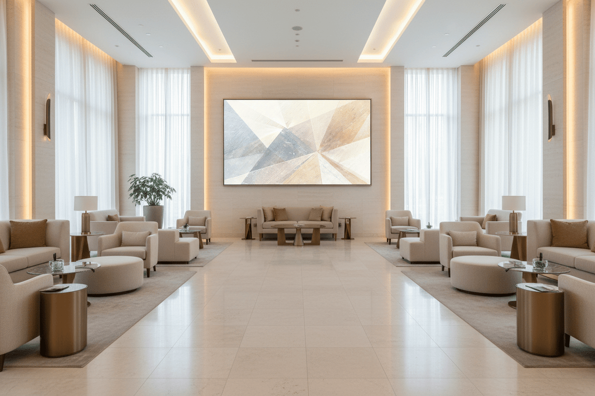 Prism Silence pale geometric artwork in a luxury hotel lobby