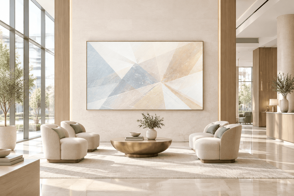 Prism Silence abstract geometric artwork with cream, pale blue, mauve and warm-sand light wedges in a modern hotel lobby