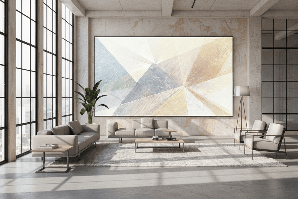 Prism Silence quiet geometric artwork with pale blue wedges in a modern industrial loft