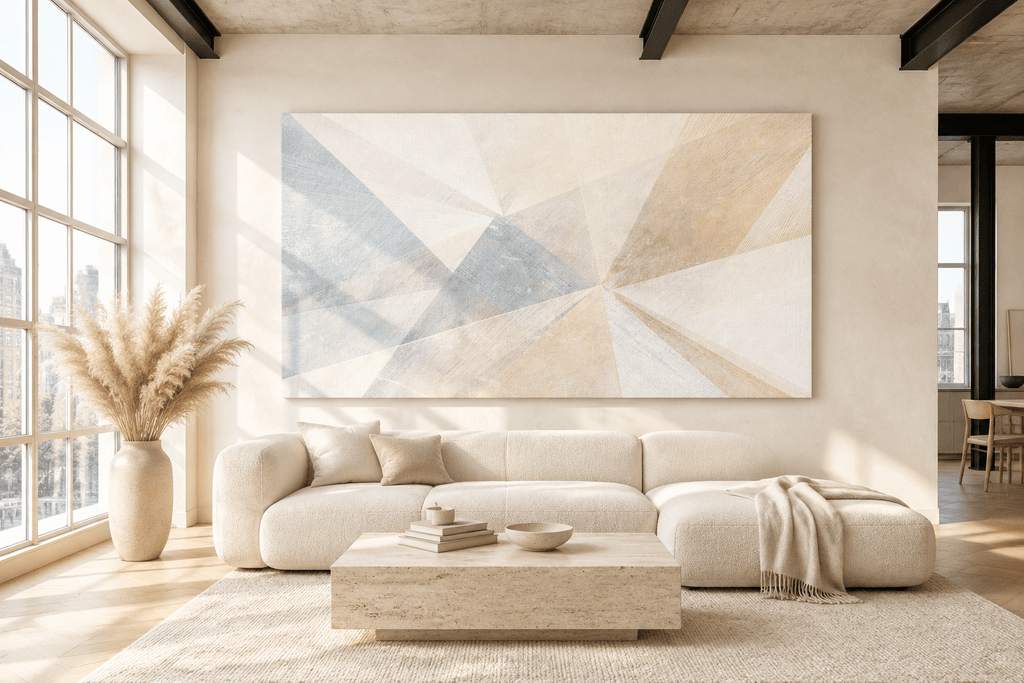 Prism Silence abstract geometric artwork with cream, pale blue, mauve and warm-sand light wedges in a modern loft