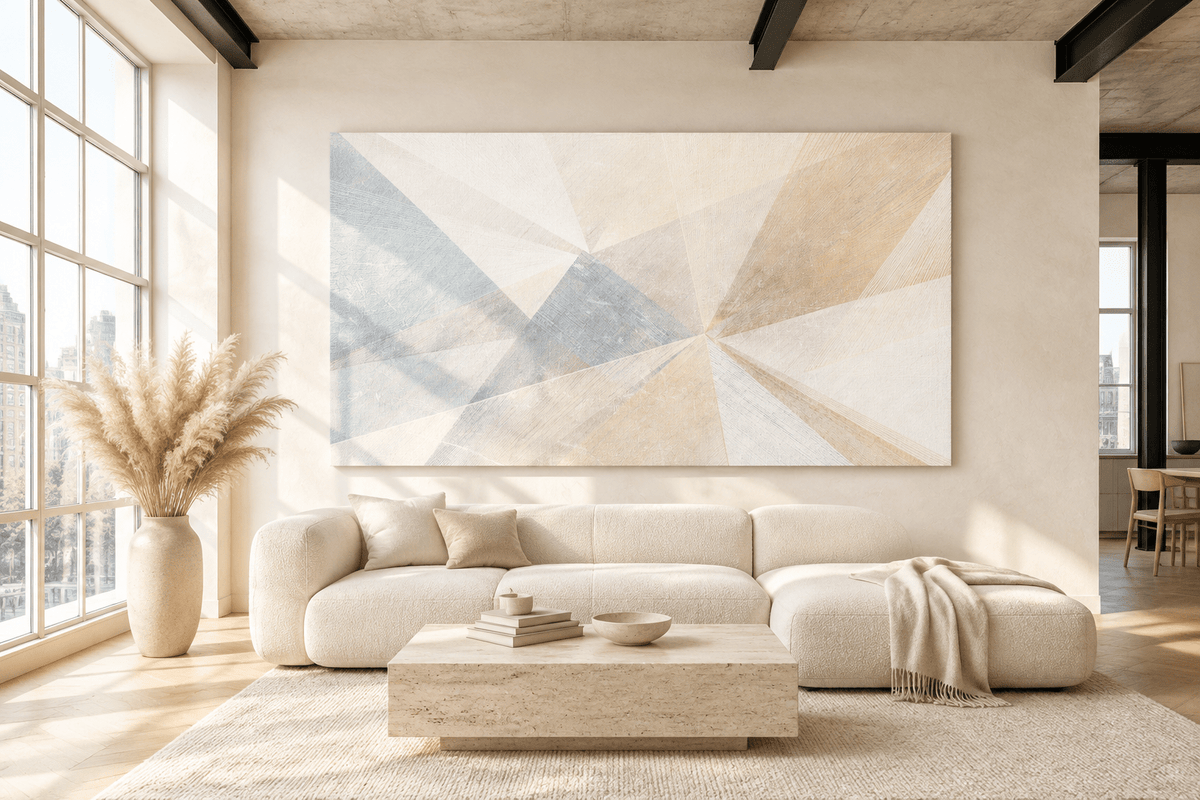 Prism Silence abstract geometric artwork with cream, pale blue, mauve and warm-sand light wedges in a modern loft