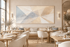Prism Silence abstract geometric artwork with cream, pale blue, mauve and warm-sand light wedges in a modern restaurant