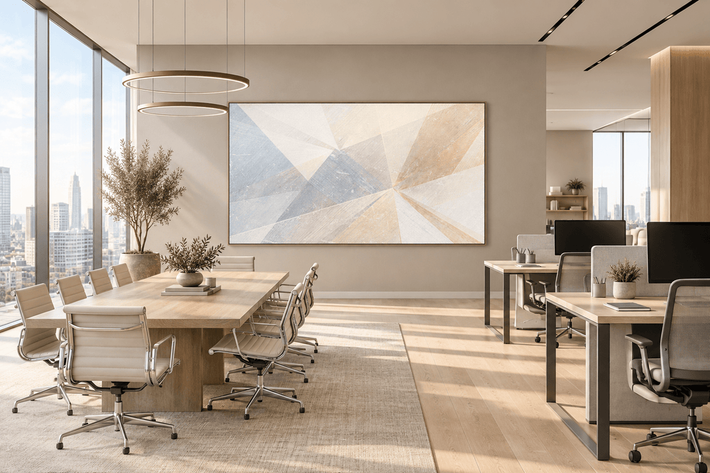 Prism Silence abstract geometric artwork with cream, pale blue, mauve and warm-sand light wedges in an open-plan office