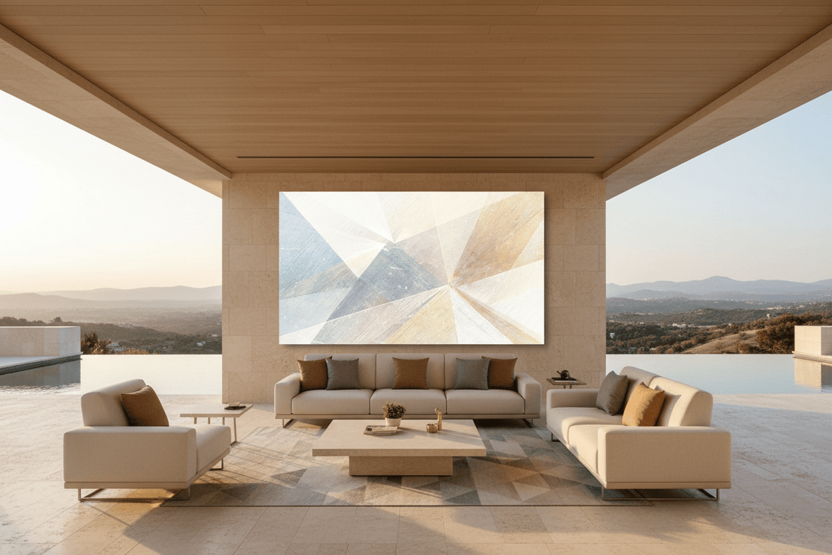 Prism Silence pale prism geometric artwork in a pool lounge and outdoor living space
