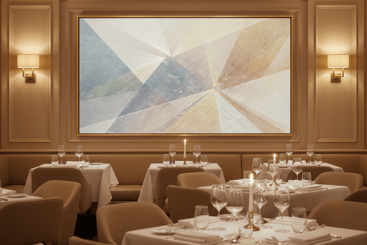 Prism Silence cream and sand geometric artwork in an upscale restaurant interior