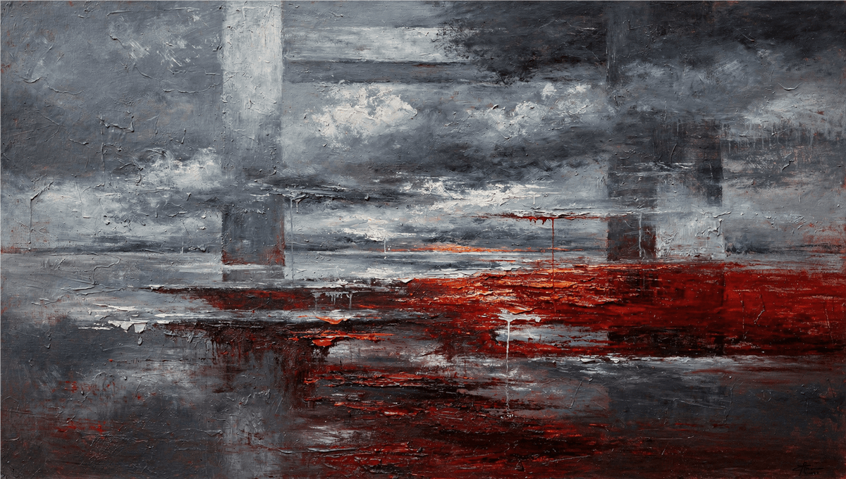 Red Horizon textural abstraction with storm-grey layers and a crimson horizon band