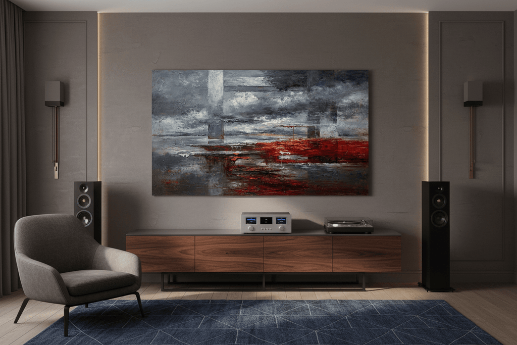 Red Horizon crimson horizon artwork in a luxury living room