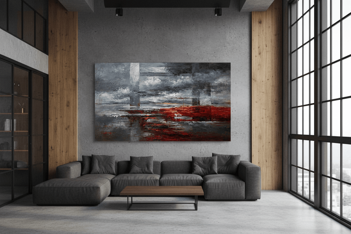 Red Horizon textural abstraction in a modern industrial loft