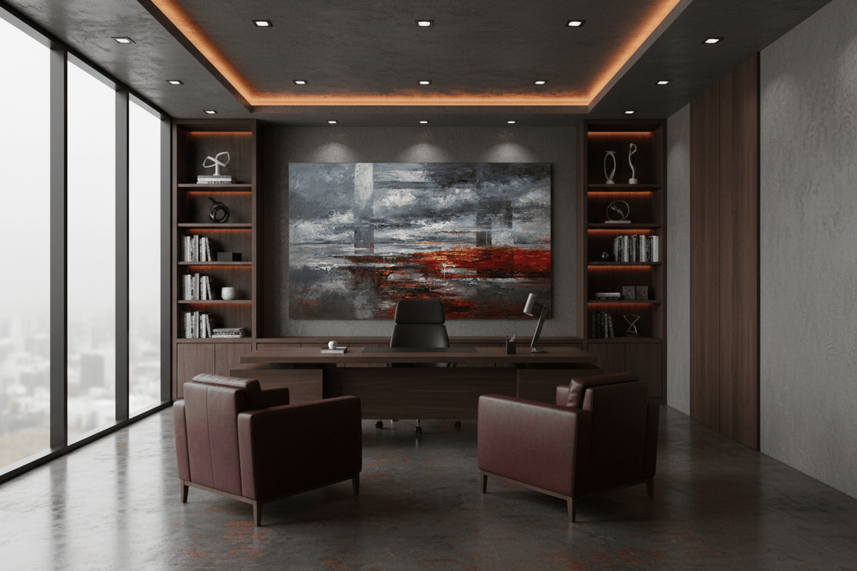 Red Horizon storm-grey and crimson artwork in a modern executive office