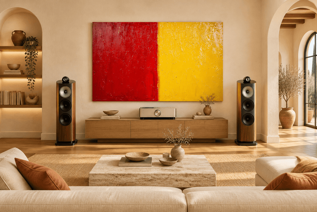 Red & Solar carmine and solar yellow color field abstract artwork in a high-end_hifi_living room in Spain