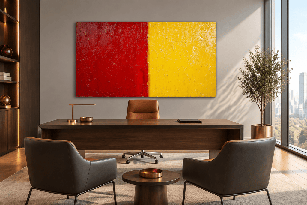 Red & Solar carmine and solar yellow color field abstract artwork in an executive office