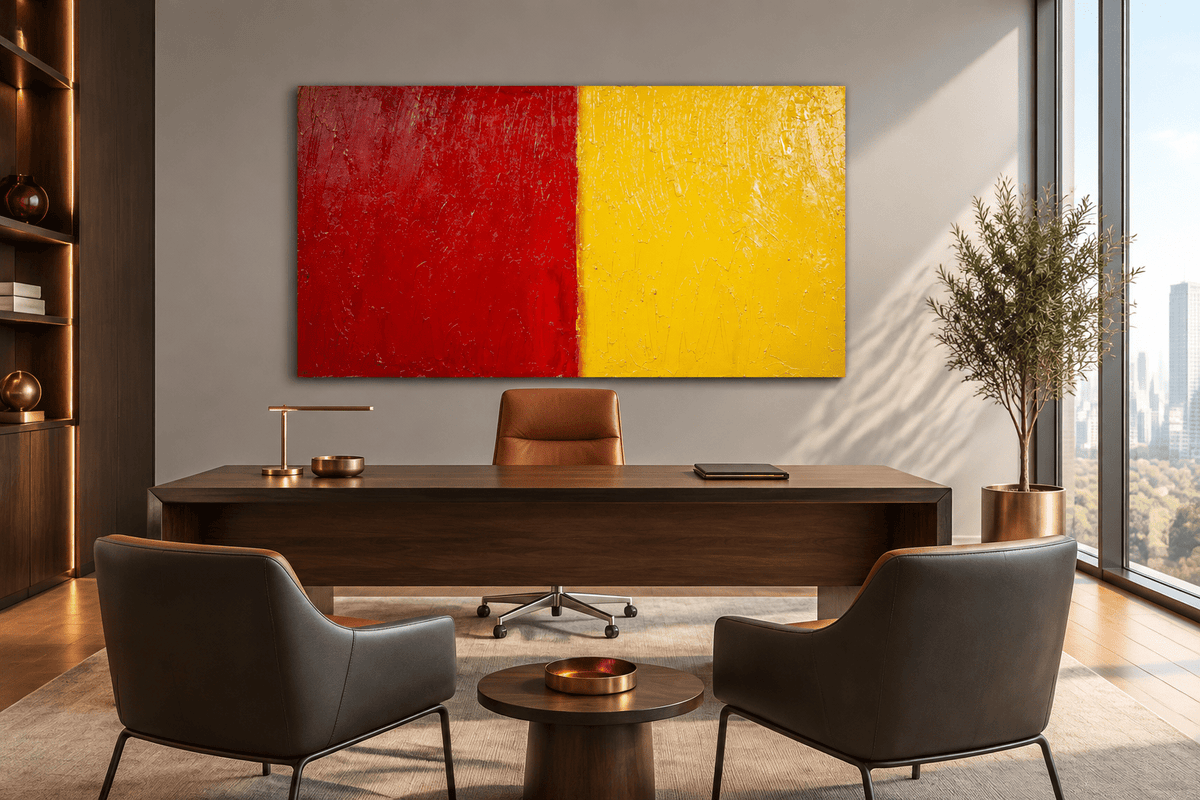 Red & Solar carmine and solar yellow color field abstract artwork in an executive office