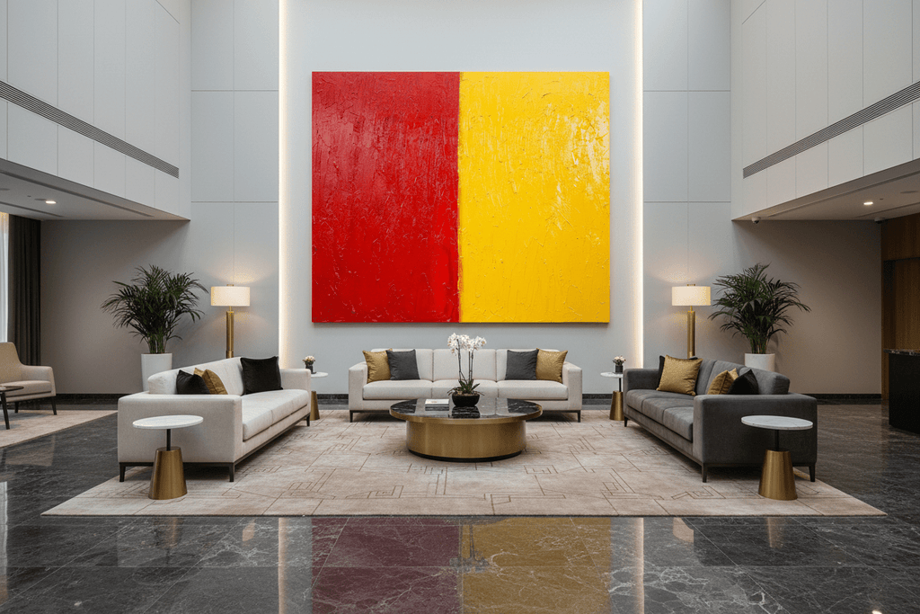 Red & Solar carmine and solar yellow artwork in a contemporary hotel lobby