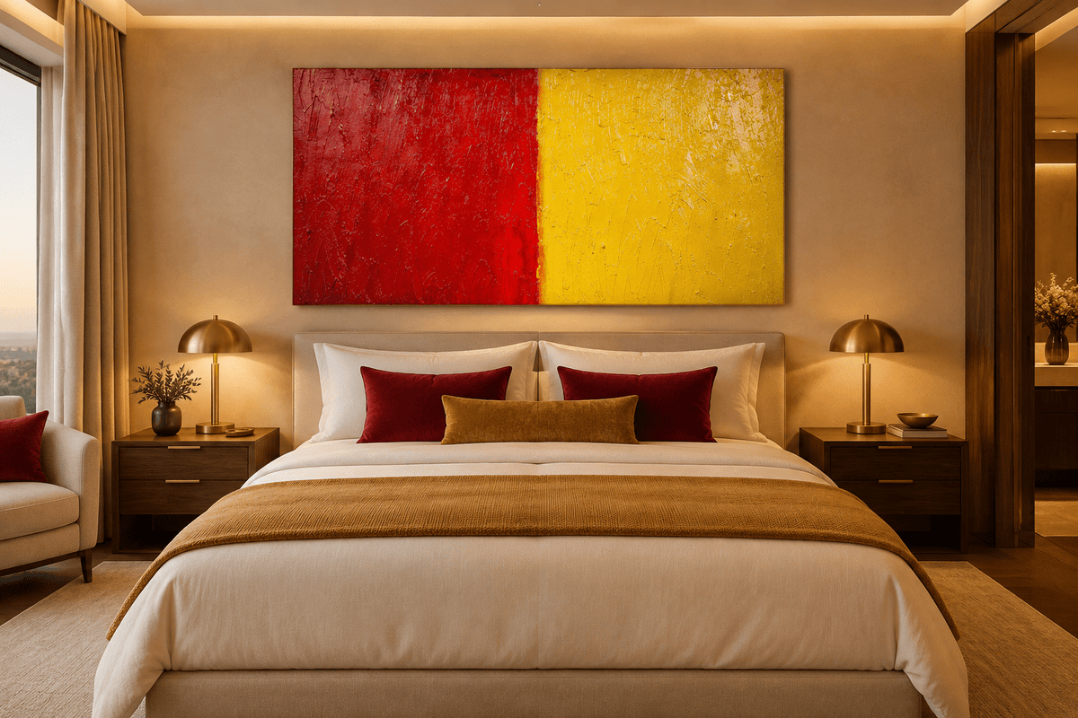 Red & Solar carmine and solar yellow color field abstract artwork in a modern hotel room