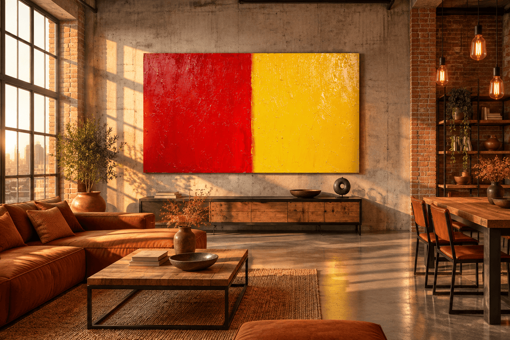 Red & Solar carmine and solar yellow color field abstract artwork in an industrial loft