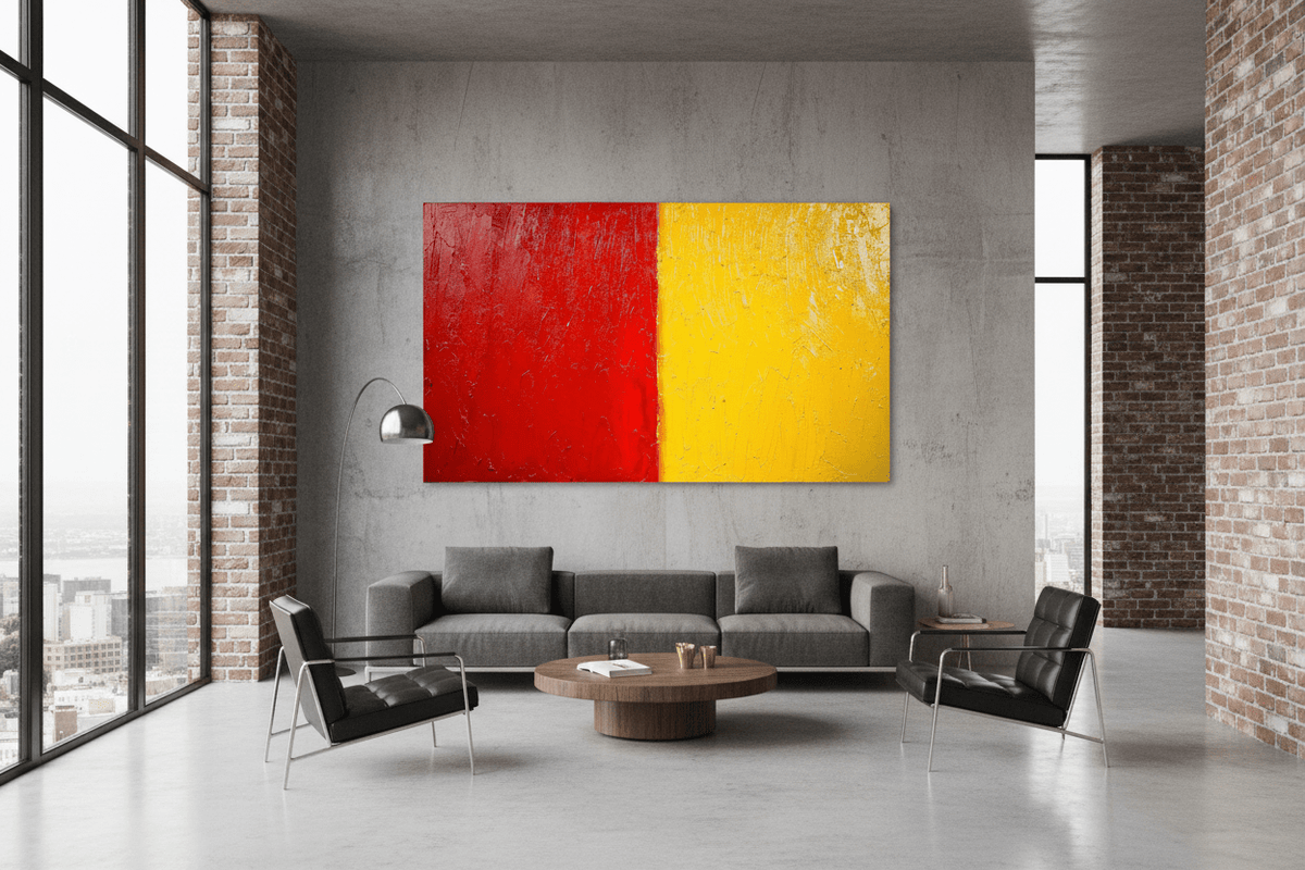 Red & Solar color field abstract artwork in a modern industrial loft lounge